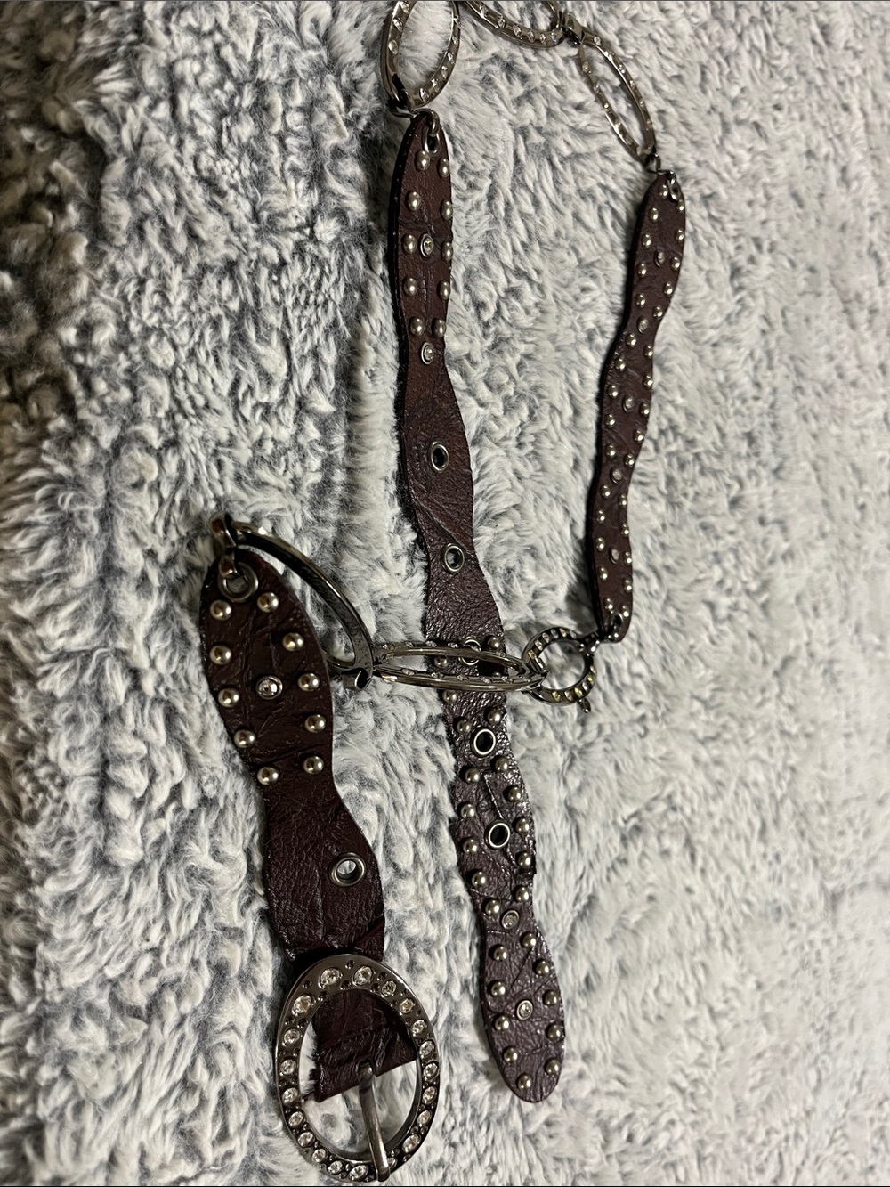 Brown Studded Leather Waist Belt with Rhinestone Buckle